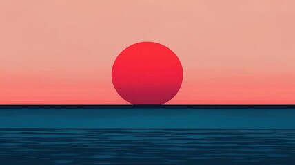 Minimalist sunset over the ocean with a large red sun.