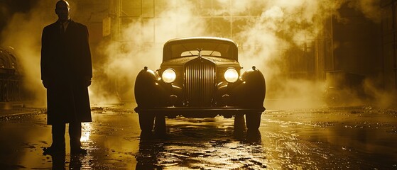 1930s Mafia boss in smoky room vintage car in background aura of power and danger classic film noir style