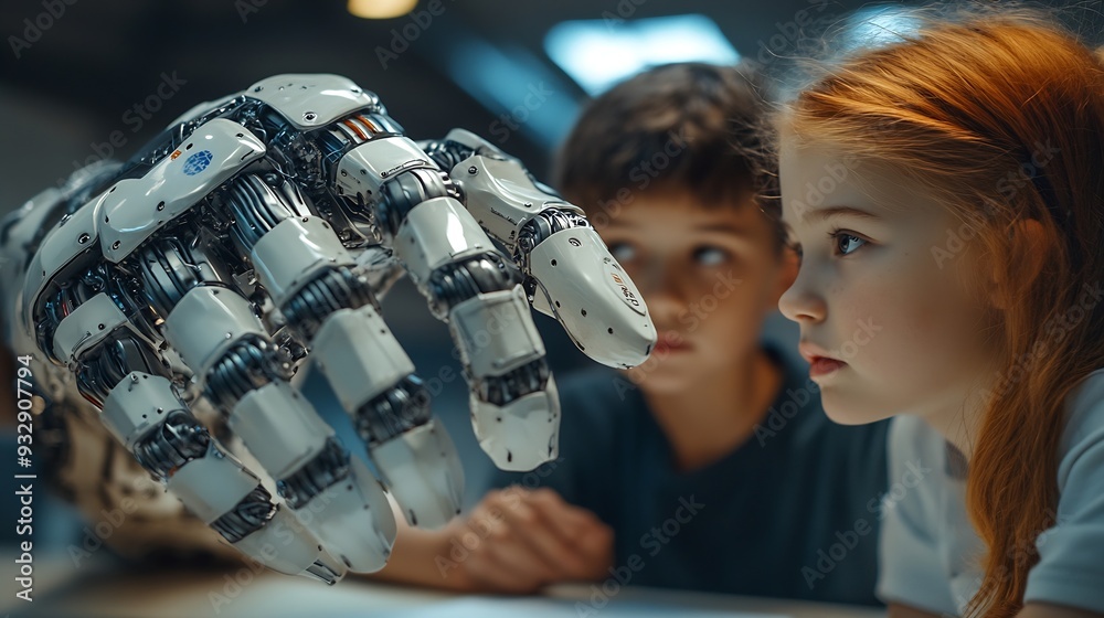 Poster smart boy and two talented girls making a presentation about a giant mechanical hand that moves on h