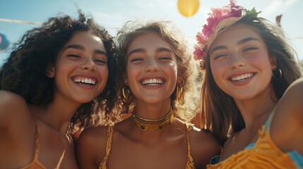 Obraz premium Three young female friends have fun in the contagious energy of a music festival dancing and celebrating together forging bonds and creating cherished memories Photo has intentional 35 : Generative AI