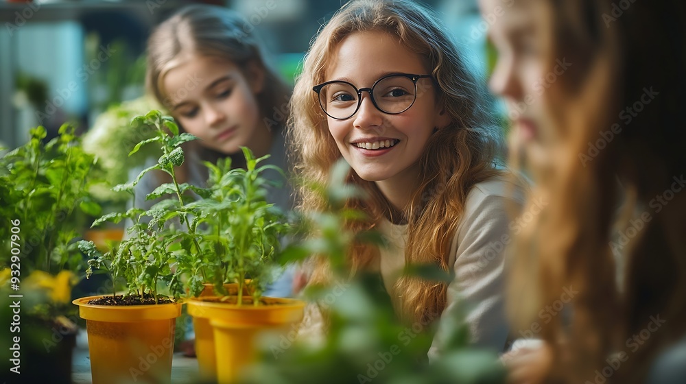 Aufkleber science students and curious of plants children and teacher with container of sample of nature class