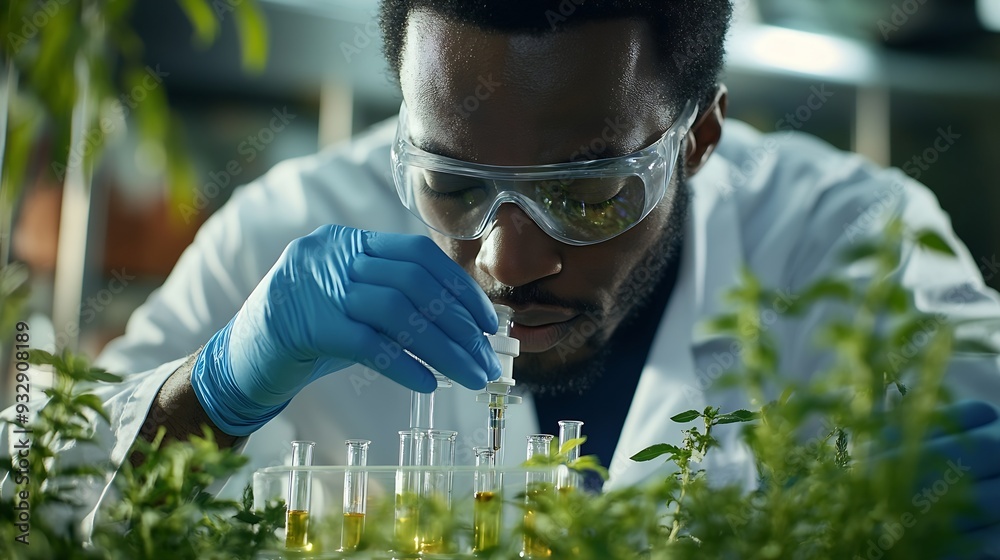Aufkleber black man scientist and lab with test tube research microscope and focus for agriculture study with 
