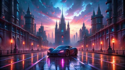 Obraz premium Gothic cathedral towering over Prague's medieval city with a Sports Car at Sunset