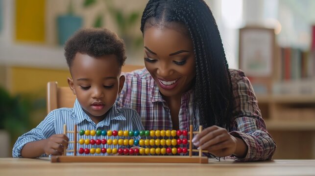 Black female teacher and little boy sitting at desk doing math using abacus early education concept : Generative AI