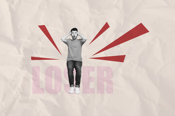 Fototapeta premium Composite trend artwork image collage of young man miniature confused shocked face headache sit huge letter loser word bully hate abuse