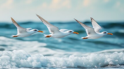 Obraz premium Group of Royal Terns flying above the ocean : Generative AI