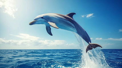 Fototapeta premium dolphin jumping out of the water against a bright blue sky,