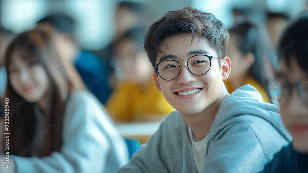 Poster university classroom diverse group of young students asian collaborate study together sharing smiles