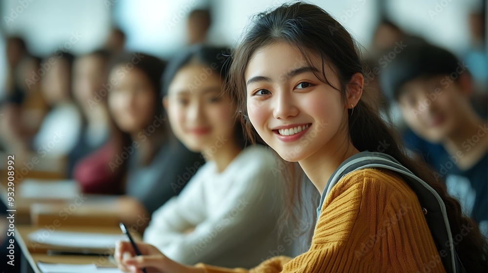 Poster university classroom diverse group of young students asian collaborate study together sharing smiles