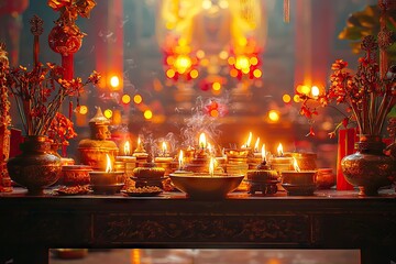 Obraz premium altar table full of offerings and burning incense at the Hungry Ghost Festival, temple background with red lights and traditional