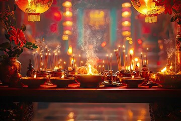 altar table full of offerings and burning incense at the Hungry Ghost Festival, temple background with red lights and traditional