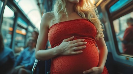 Pregnant blonde woman in a red dress happy as someone has given up their seat for her as she stands on a crowded public bus holding onto a handrail : Generative AI