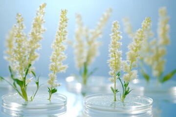 Plants in glass jars under lighting illustrating cutting edge research in plant biology genetics and agricultural biotechnology focused on sustainable crop production and environmental conservation