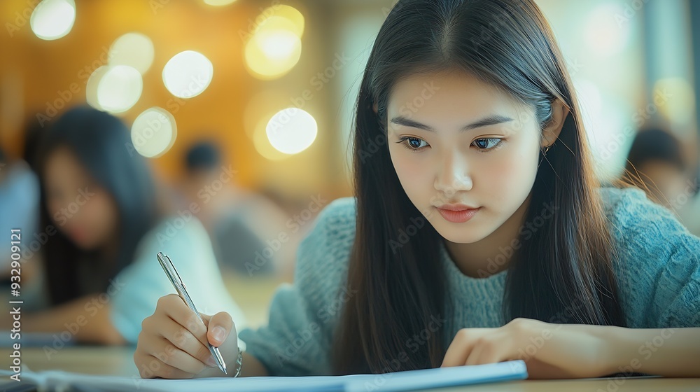 Aufkleber Woman students and writing with test in classroom for exam study or assignment at university Female person or group busy on project or essay with notebook for higher education lesson o : Generative AI