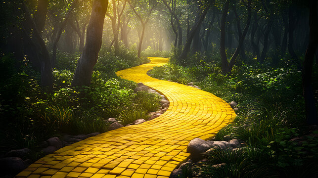 enchanted yellow brick road winding through a magical forest isolated on white background, 