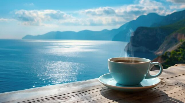 Cup of coffee on a table by the ocean on a sunny day, with a bright, relaxing seaside view and clear skies
  Seamless looping 4k time-lapse virtual video animation Generated AI