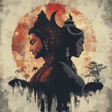 Creative Maha Shivratri Abstract: Lord Shiva and Parvati in Trash Art Style. AI-Generated Cultural Illustration for Marketing, Faith, and Indian Traditions. Minimalist Composition with Elegant Gradien