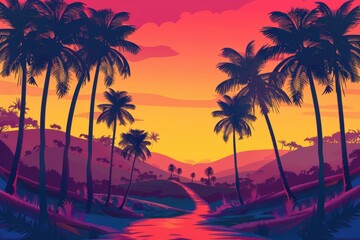 Road leading to the sea with palm trees silhouetted against the sunset sky by a tropical beach with hills