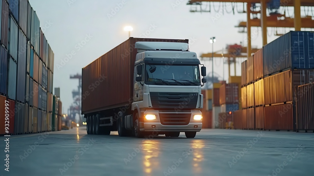 Poster container truck in ship port for business logistics and transportation of container cargo ship and c