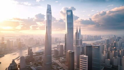 A panoramic view of Hong Kongs cityscape, featuring a towering skyscraper A city skyline dominated by a towering, iconic skyscraper with a unique architectural design