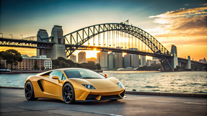 Golden Hour, Golden Ride: A Lamborghini Aventador graces Sydney Harbour at sunset, with the Harbour Bridge forming a majestic backdrop. 