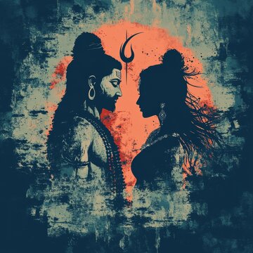Creative Maha Shivratri Abstract: Lord Shiva and Parvati in Trash Art Style. AI-Generated Cultural Illustration for Marketing, Faith, and Indian Traditions. Minimalist Composition with Elegant Gradien