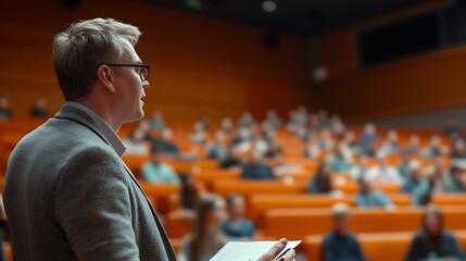Fototapeta premium Male lecturer giving presentation to university students : Generative AI