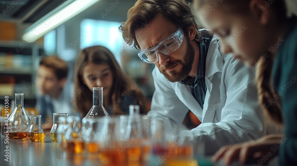 Aufkleber Teacher and students Learn and experiment with science in a school science classroom : Generative AI