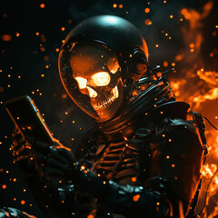 A skeleton in a black spacesuit and helmet holding an iPhone, with fire particles in the background, a dark atmosphere, and orange lights, in the style of cyberpunk
