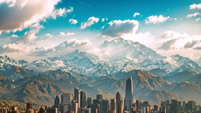 A panoramic view of the Denver skyline with the Rocky Mountains in the background A city skyline with a prominent mountain range in the background, highlighting the city's natural surroundings