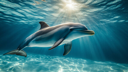 dolphin swimming gracefully underwater,