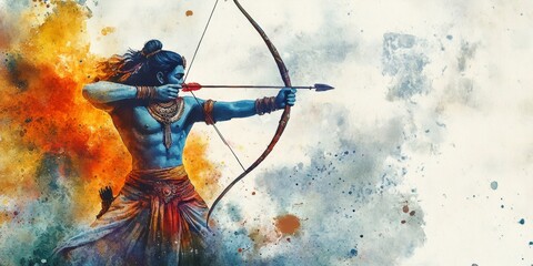 Title: Vibrant Ram Navami Watercolor: Lord Rama with Bow and Arrow. AI-Generated Abstract Illustration for Marketing, Indian Culture, and Faith. Minimalist Composition with Elegant Gradients for UI, W