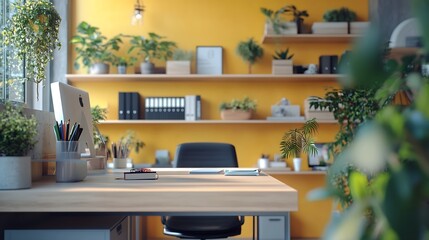 Interior of light office with modern workplaces and shelf units : Generative AI