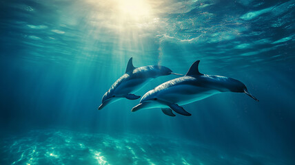 Fototapeta premium dolphins in perfect harmony as they swim together underwater,