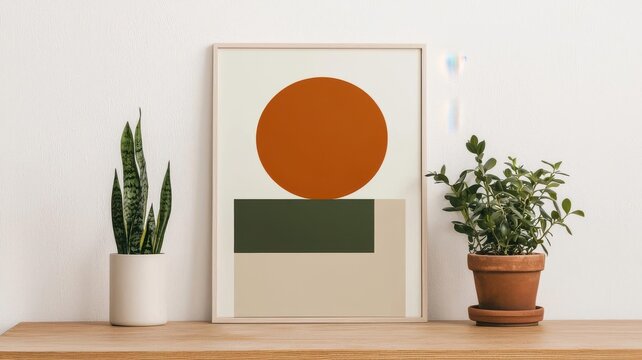 Minimalist geometric art print with orange circle, green rectangle, and beige square.