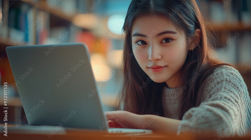 Aufkleber student laptop and portrait in classroom writing notes for college course test and campus work femal