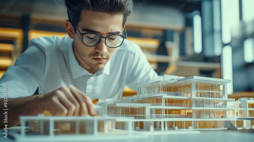 Leinwandbilder closeup of professional beautiful young architect engineer focus on measure house model length at mo