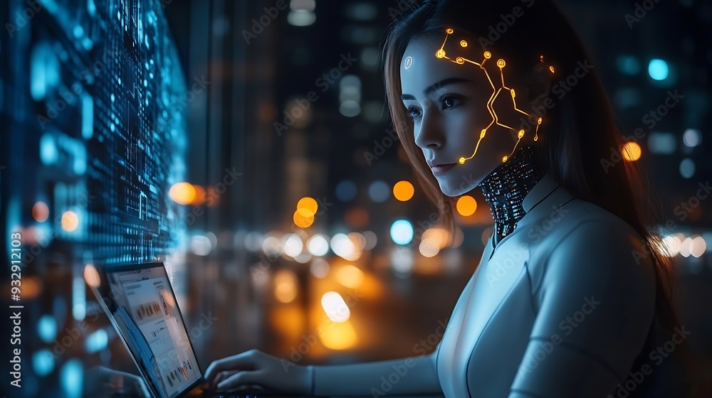 Aufkleber Education technology and AI Artificial Intelligence concept Women use laptops Learn lessons and online webinars successfully in modern digital learning  Courses to develop new skills : Generative AI