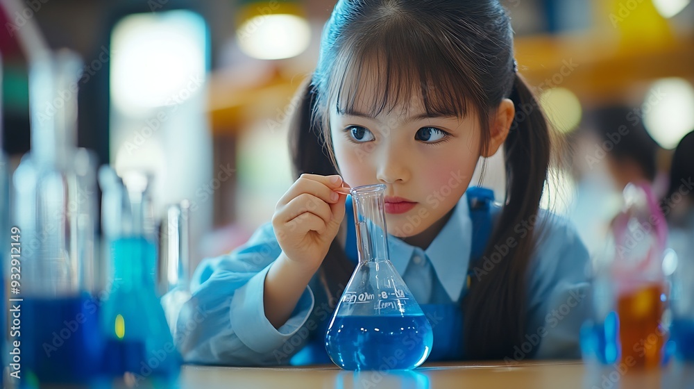 Poster girl classroom and science beaker for learning education and test with smart or intelligent child st