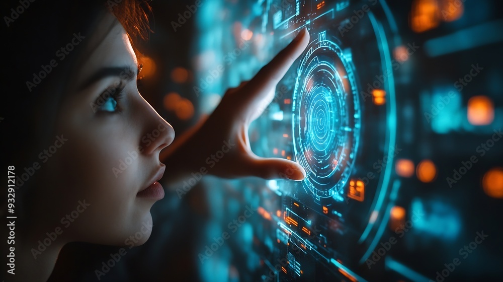 Poster Chat with AI or Artificial Intelligence technology Man touching chatting virtual with an intelligent artificial intelligence asks for answers he wants Smart assistant futuristic Chatbo : Generative AI