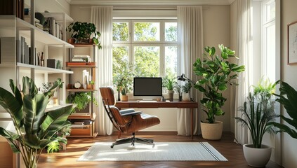 Home office with a desk, chair, plants, and a window.