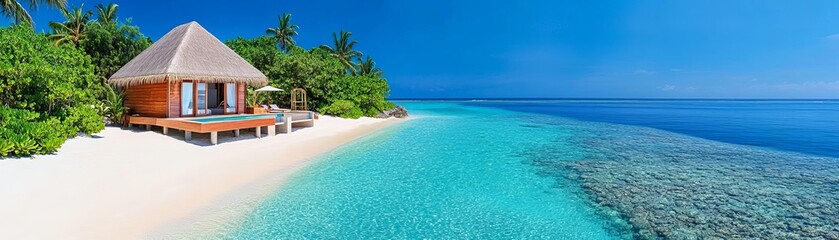 Fototapeta premium Exotic beachside bungalow on a tropical island with a stunning ocean view, Tropical island vacation, Luxury retreat