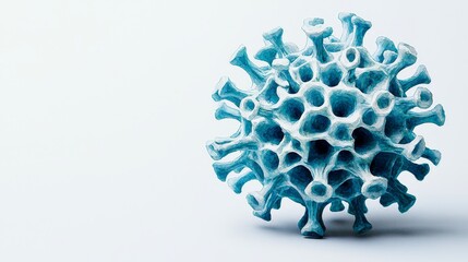 A 3D rendering of a virus with blue and white spikes against a white background.