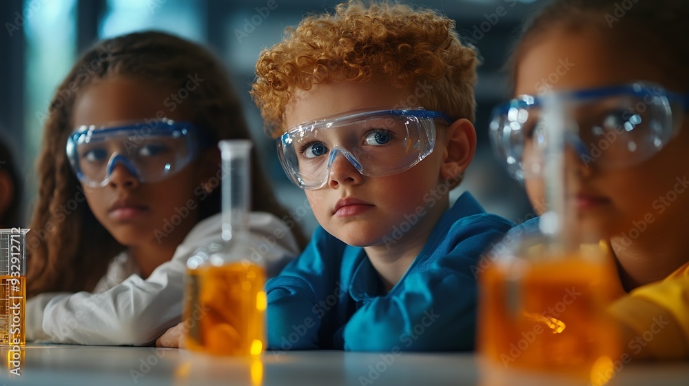 Poster elementary school students sitting behind a table in a group conducting a biology experiment for a s