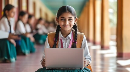 Group of rural school girls in uniform sitting in school corridor working on laptop  concept of digital education : Generative AI