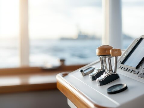 A close-up view of a yacht control panel, highlighting navigation instruments and the serene ocean background.