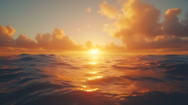 POV in the ocean at sunset with soft high clouds glowing yellow : Generative AI - Powered by Adobe