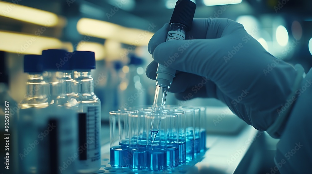 Fototapete A scientist uses laboratory equipment for a research experiment test tube is essential for chemists to use in experiments scientific researchers must concentrate on testing samples in  : Generative AI
