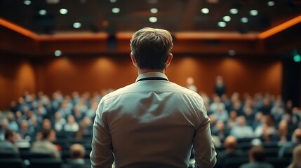 Business and entrepreneurship symposium Speaker giving a talk at business meeting Audience in conference hall Rear view of unrecognized participant in audience : Generative AI