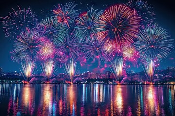 Spectacular Fireworks Display Over River in City Night Sky